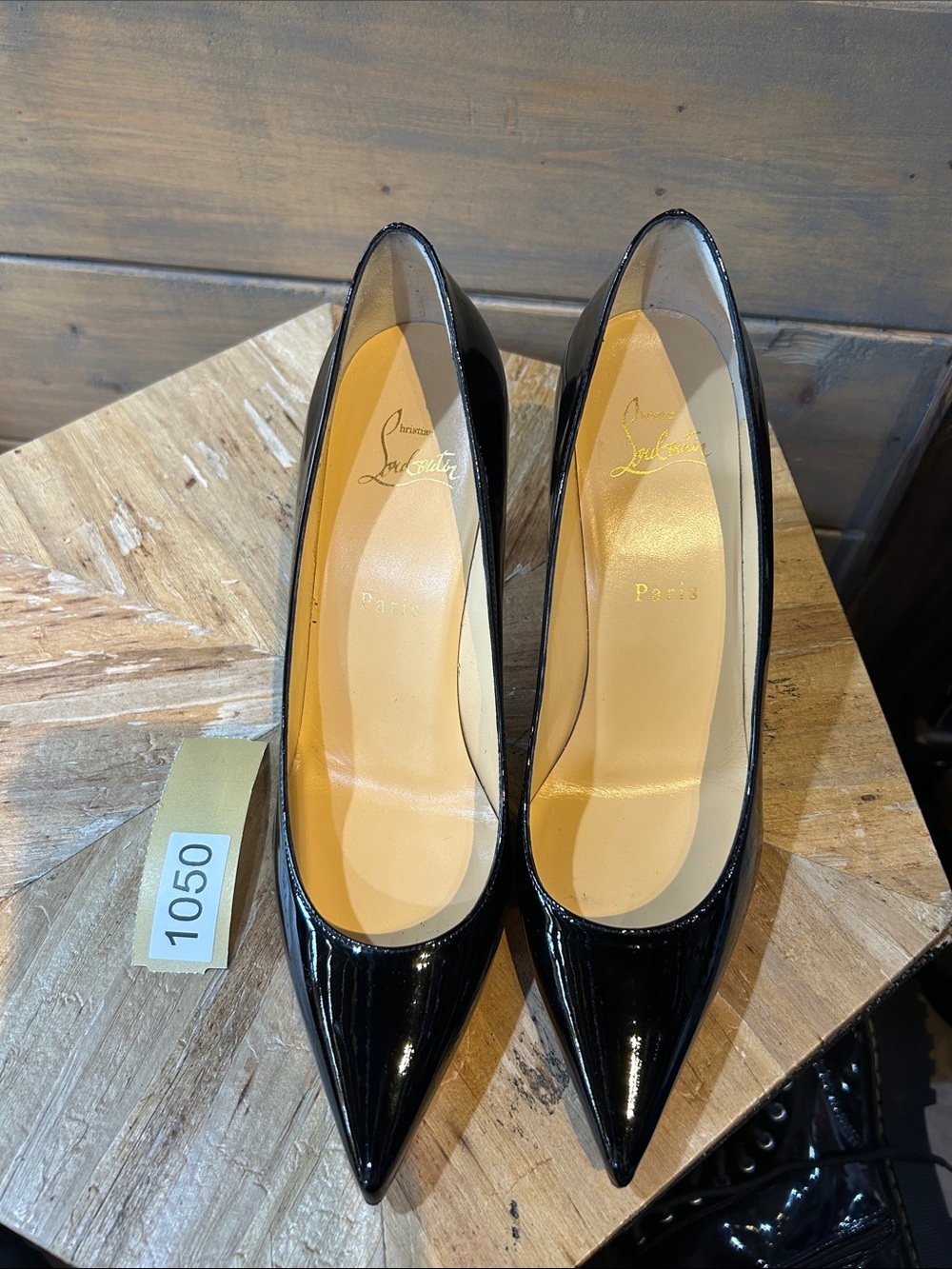 Christian Louboutin Black Patent Pointed Pumps with Tan Insole